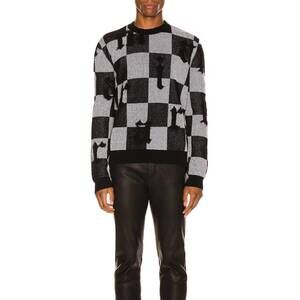 NEW AMIRI logo check cashmere crewneck sweater in black white